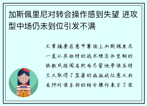 加斯佩里尼对转会操作感到失望 进攻型中场仍未到位引发不满