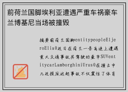 前荷兰国脚埃利亚遭遇严重车祸豪车兰博基尼当场被撞毁 前荷兰国脚埃利亚遭遇严重车祸豪车兰博基尼当场被撞毁